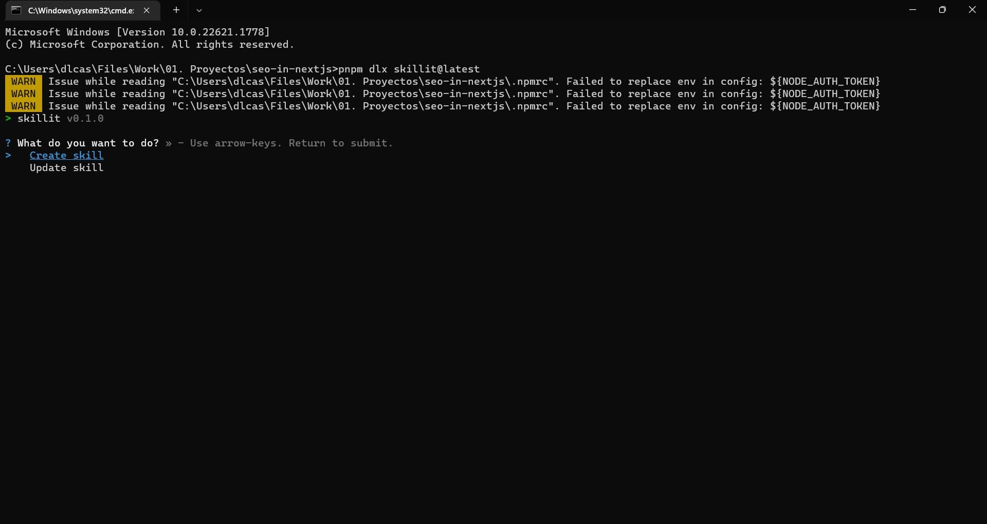 Skillit CLI prompt asking What do you want to do? with Create skill selected.