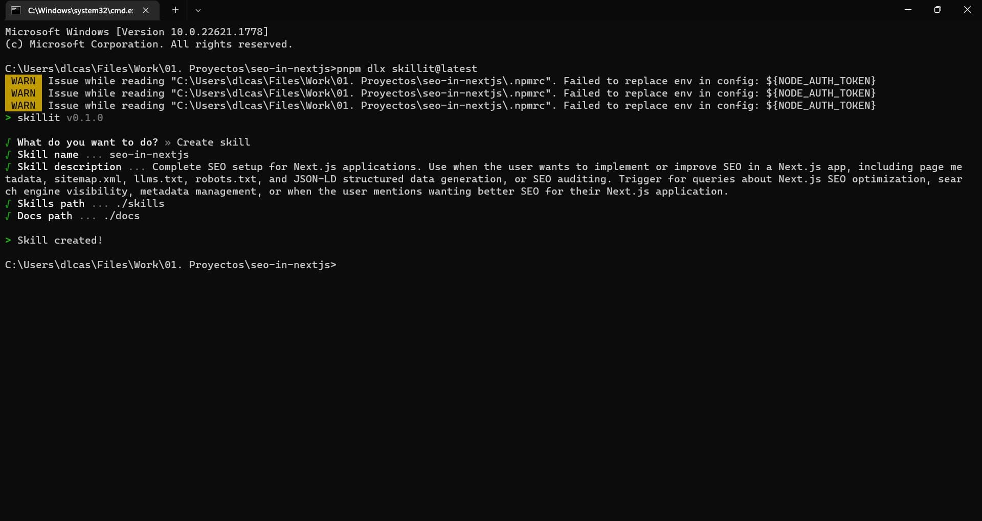 Skillit CLI showing a completed create skill flow