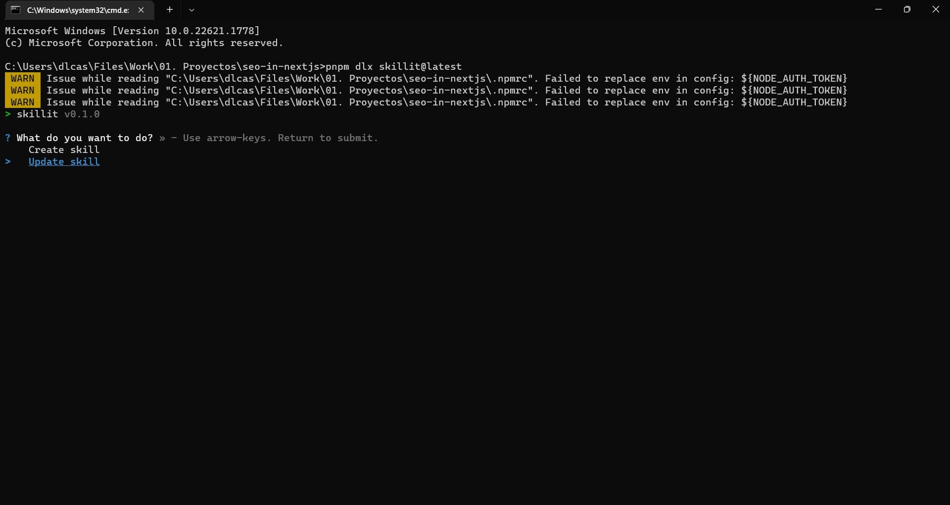 Skillit CLI prompt asking What do you want to do? with Update skill selected.