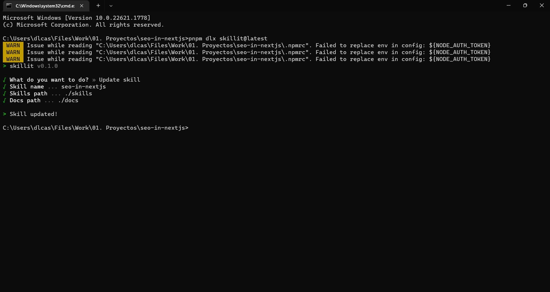 Skillit CLI showing a completed update skill flow